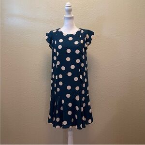 LOFT Flutter Sleeves Flounce Hem Cream Polka Dots Teal Green Pullover Dress S